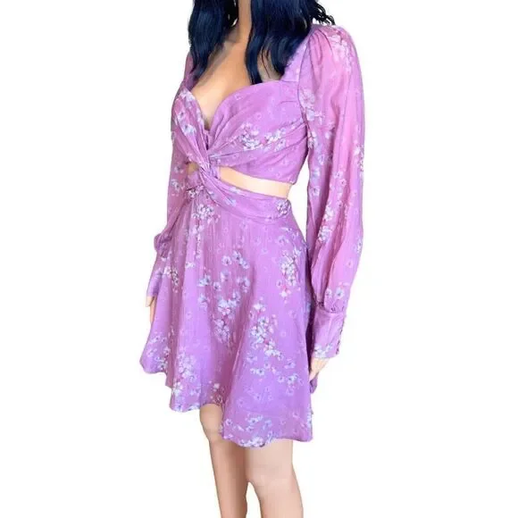 NWT Bardot Purple Floral Cutout Mini Dress 10 Boho Romantic Wedding Guest Party - Picture 7 of 7